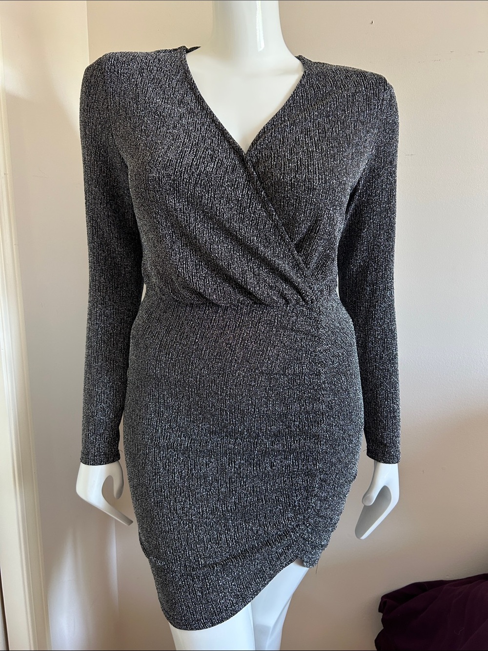 Betsey Johnson Long-Sleeve Black & Silver Wrap Dress